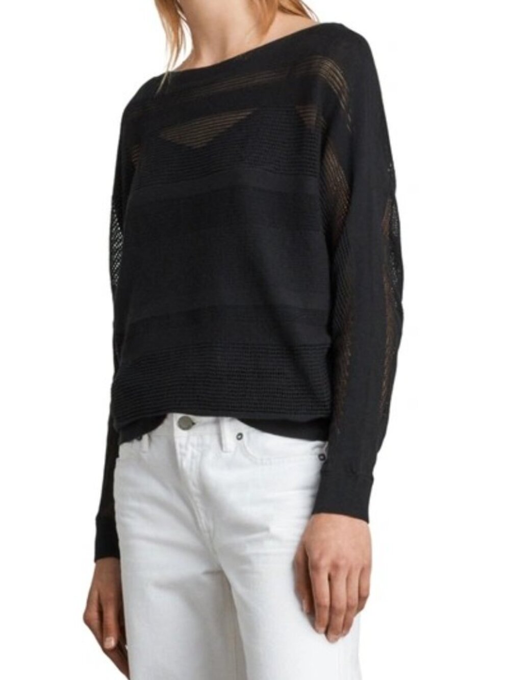 ALLSAINTS Top Springs Slash Neck Black Size Medium Semi Sheer Cotton NWT